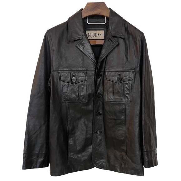 Vtg M Julian Wilsons Leather Men Black Leather Trucker Jacket Button Front Y2K L